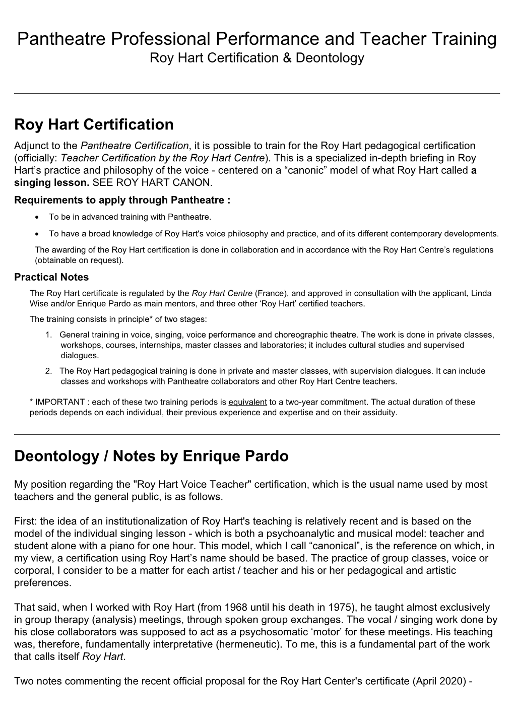 Pantheatre Professional Performance and Teacher Training Roy Hart Certification & Deontology