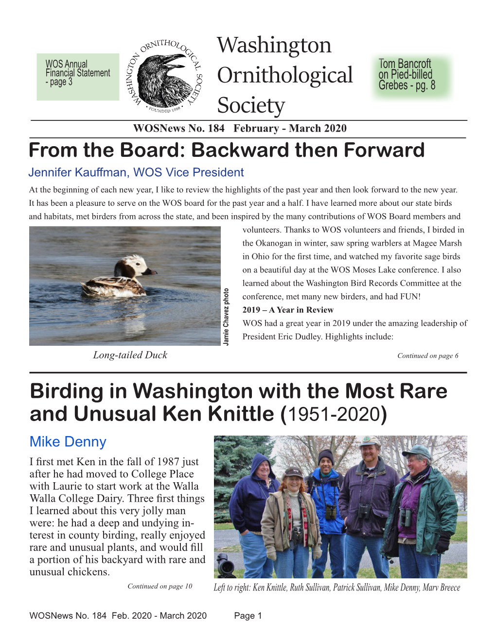 WASHINGTON ORNITHOLOGICAL SOCIETY 12345 Lake City Way NE, #215 Seattle WA 98125 Information@Wos.Org