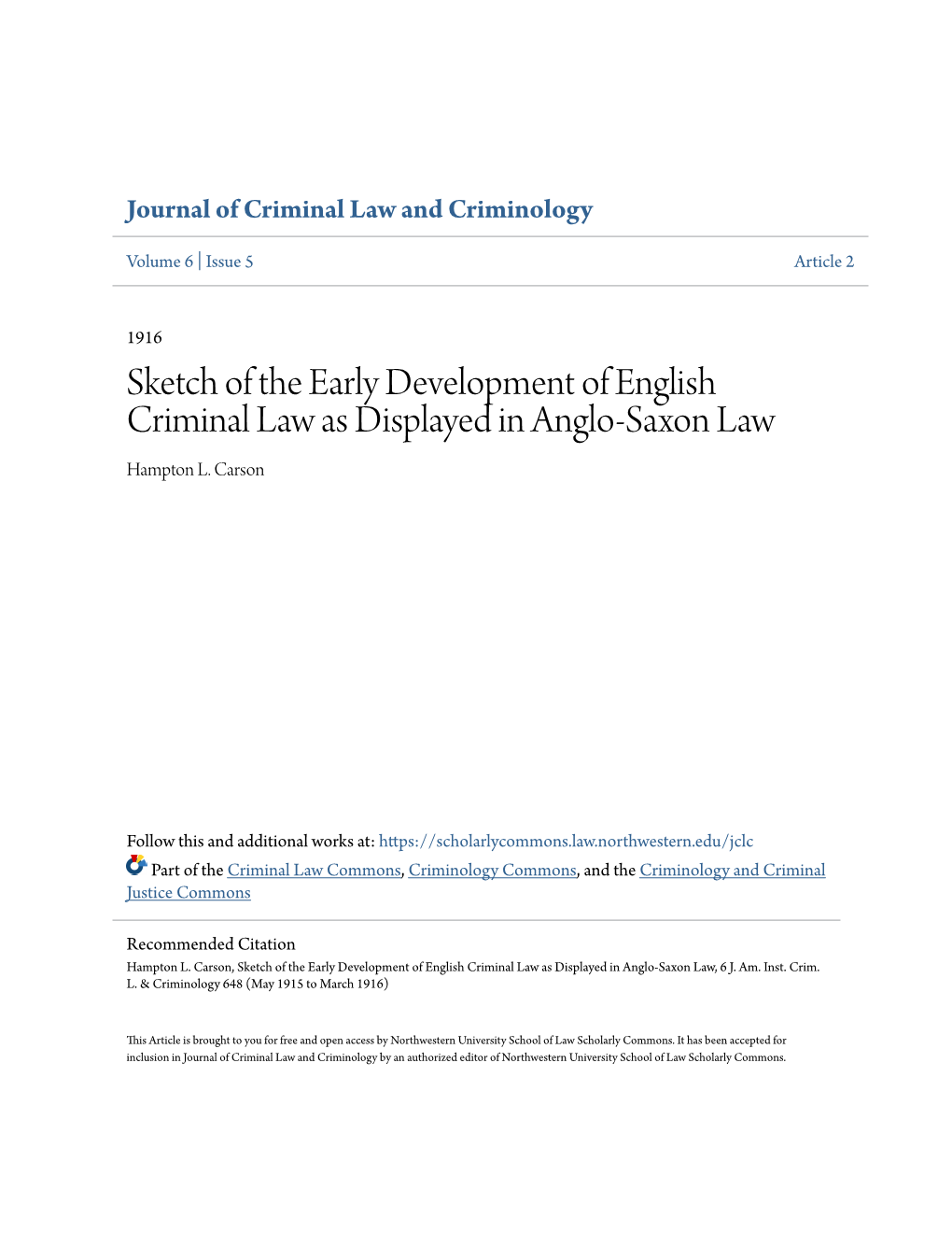 Sketch of the Early Development of English Criminal Law As Displayed in Anglo-Saxon Law Hampton L