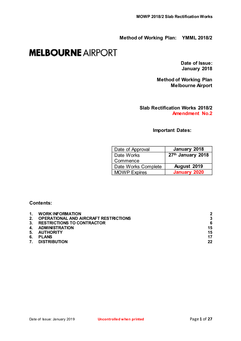 Method of Working Plan: YMML 2018/2 Date of Issue