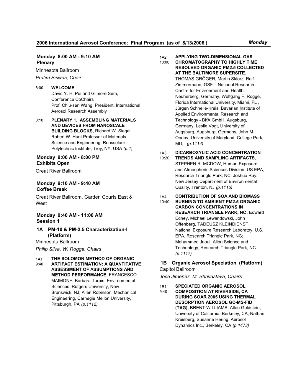 2006 International Aerosol Conference: Final Program (As of 8/13/2006 ) Monday