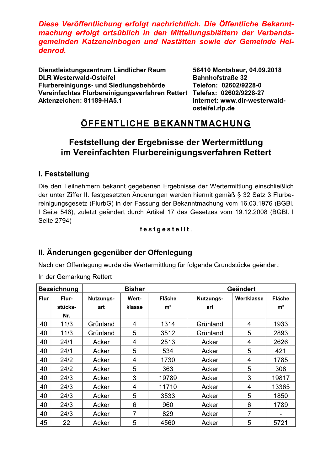 ÖFFENTLICHE BEKANNTMACHUNG Feststellung Der Ergebnisse Der