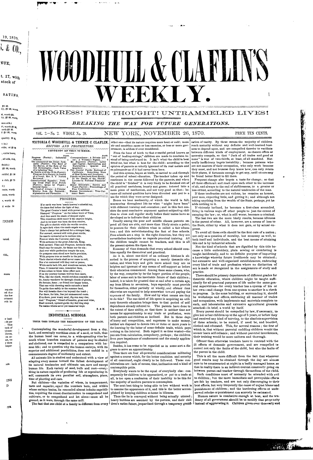Woodhull and Claflins Weekly V2 N2 Nov 26 1870