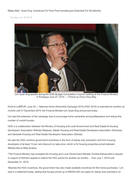 Malay Mail - Guan Eng: Incentives for First-Time Homebuyers Extended for Six Months