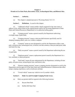 1-1 Chapter 1 Permits to Use State Parks, Recreation Areas, Archaeological Sites, and Historic Sites Section 1. Authority. (A) T