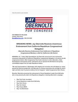 Jay Obernolte Receives Unanimous Endorsement from California