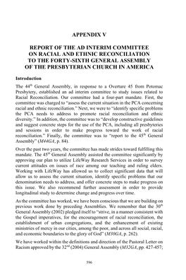 Appendix V Report of the Ad Interim Committee on Racial and Ethnic Reconciliation to the Forty-Sixth General Assembly of The