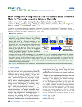 Thick Transparent Nanoparticle-Based Mesoporous Silica Monolithic Slabs for Thermally Insulating Window Materials † ‡ ‡ † † † Michal Marszewski, Sophia C