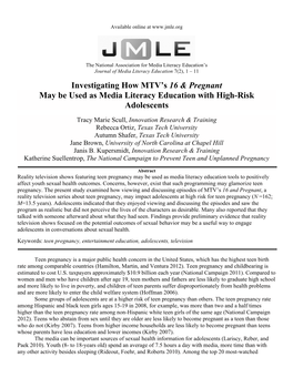 Investigating How Mtvâ•Žs 16 & Pregnant May Be Used As Media Literacy Education with High-Risk Adolescents