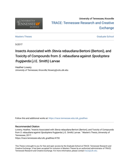 Insects Associated with Stevia Rebaudiana Bertoni (Bertoni), and Toxicity of Compounds from S
