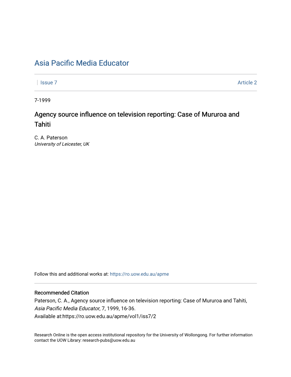 Agency Source Influence on Television Reporting: Case of Mururoa and Tahiti