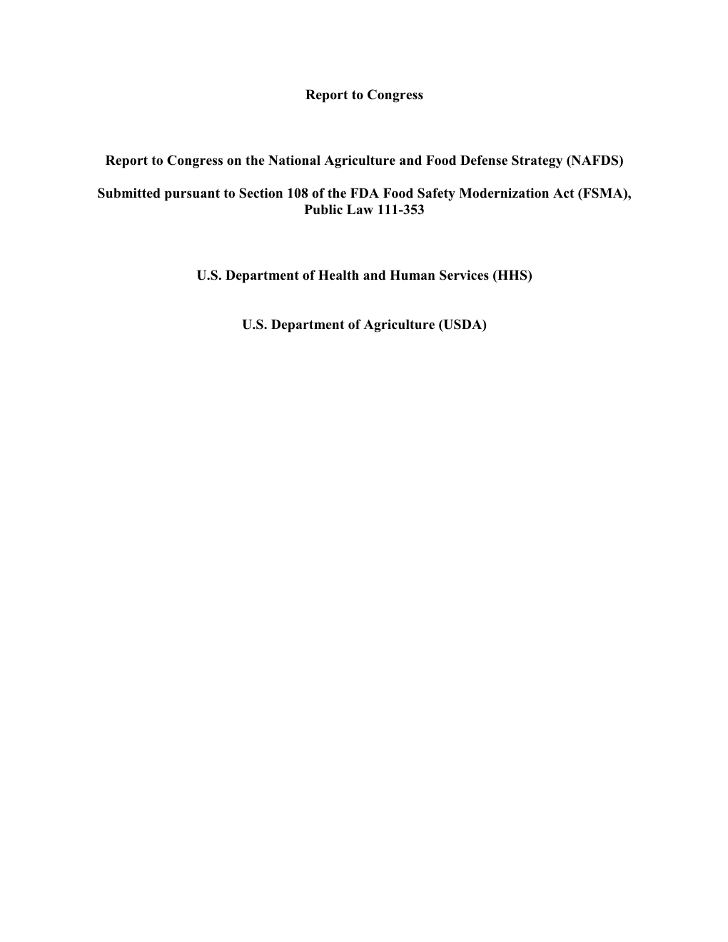 Report to Congress on the National Agriculture and Food Defense Strategy (NAFDS)