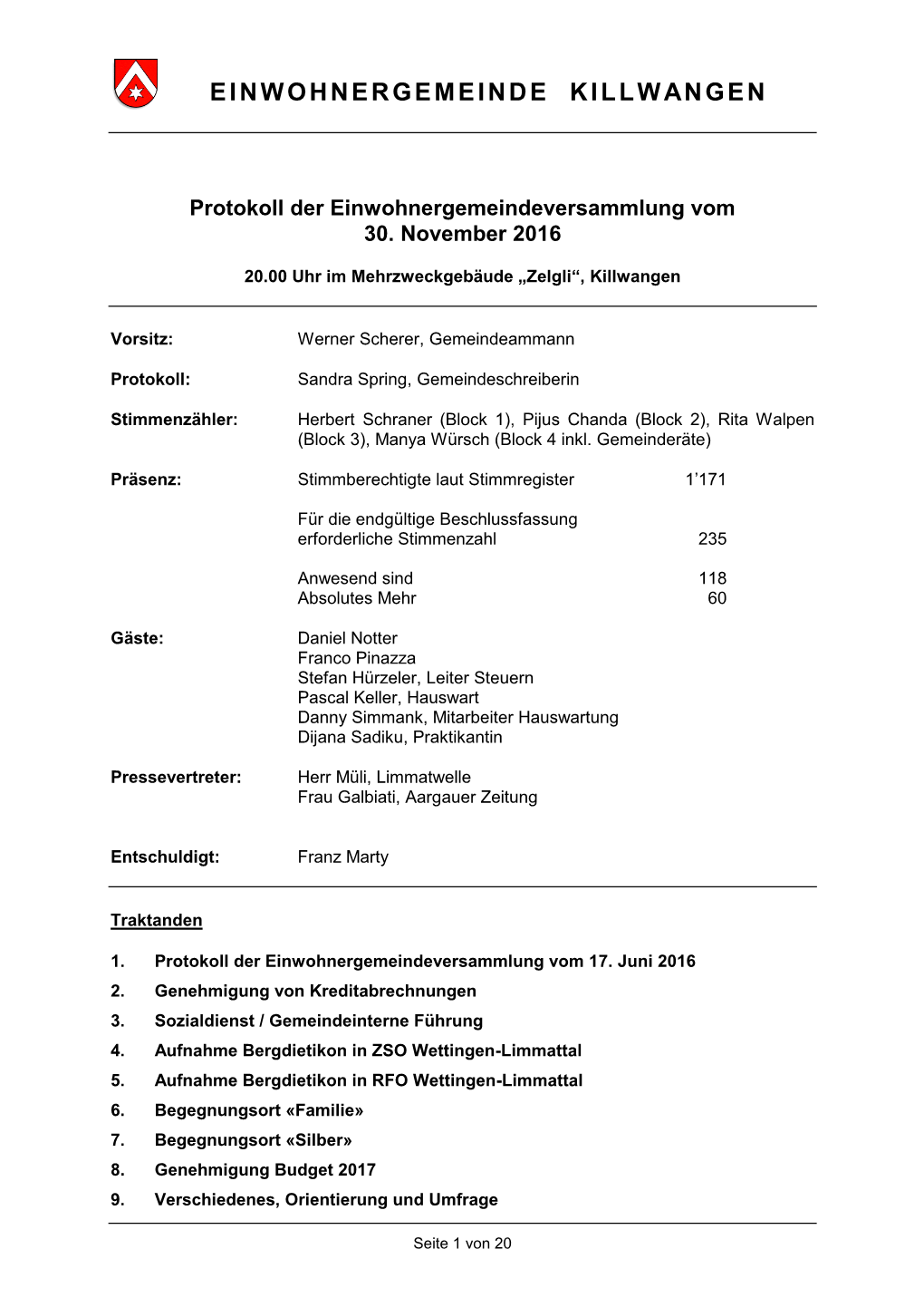 Protokoll Der Einwohnergemeindeversammlung Vom 30