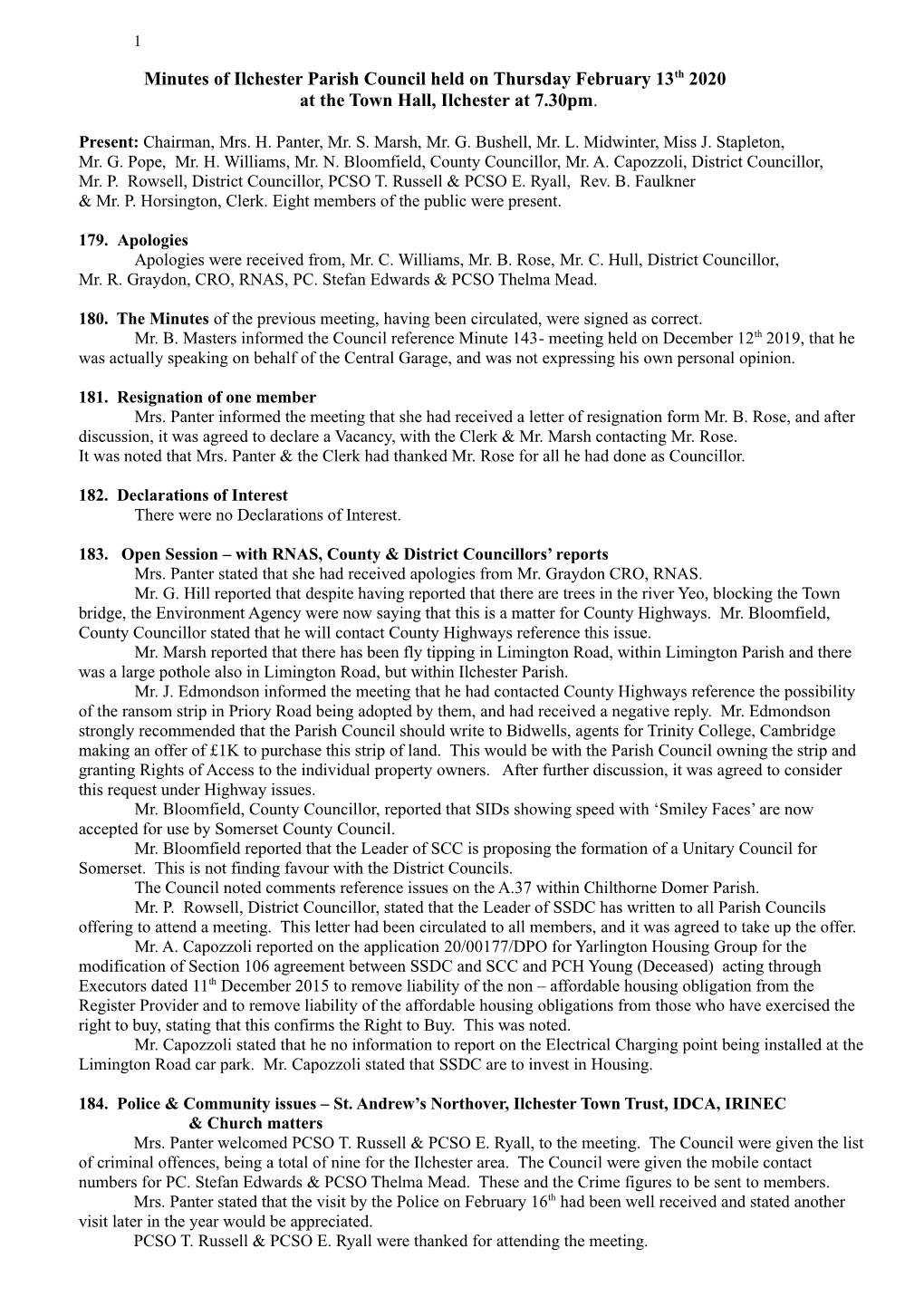 Minutes of Ilchester Parish Council Held on Thursday February 13Th 2020 at the Town Hall, Ilchester at 7.30Pm