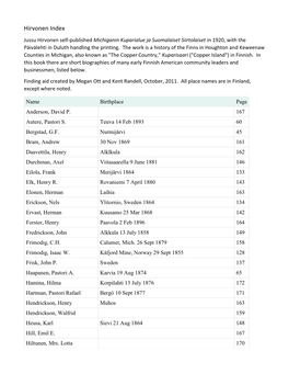Hirvonen Index Jussu Hirvonen Self-Published Michiganin Kuparialue Ja Suomalaiset Siirtolaiset in 1920, with the Päivälehti in Duluth Handling the Printing