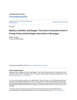 The Limits of Executive Power in Foreign Policy and the Reagan Intervention in Nicaragua