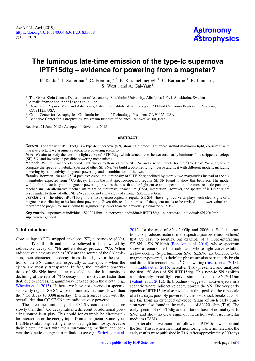 The Luminous Late-Time Emission of the Type-Ic Supernova Iptf15dtg – Evidence for Powering from a Magnetar?