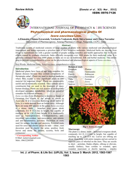 Phytochemical and Pharmacological Profile of Ixora Coccinea Linn