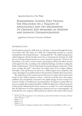 Remembering School Days Trauma. the Discourse on a Tragedy of Adolescence and the Mechanisms of Creating Bad Memories in Swedish and Japanese Cinematographies