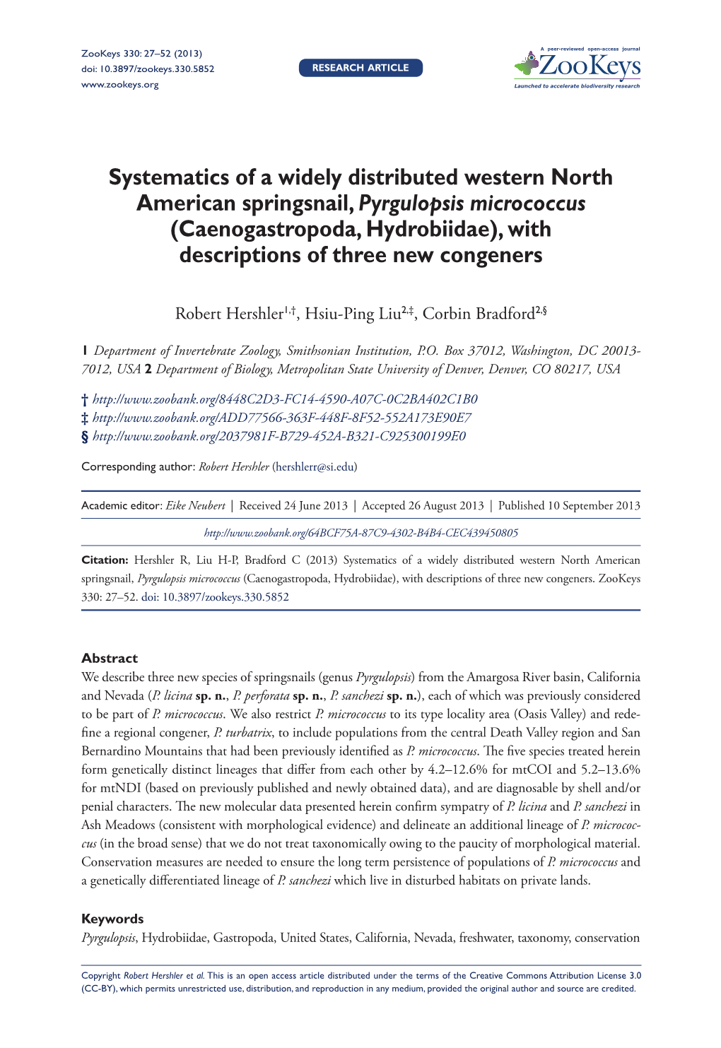 Systematics of a Widely Distributed Western North American Springsnail