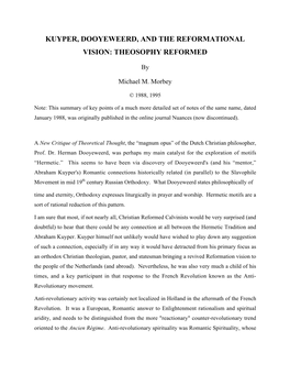 Kuyper, Dooyeweerd, and the Reformational Vision: Theosophy Reformed