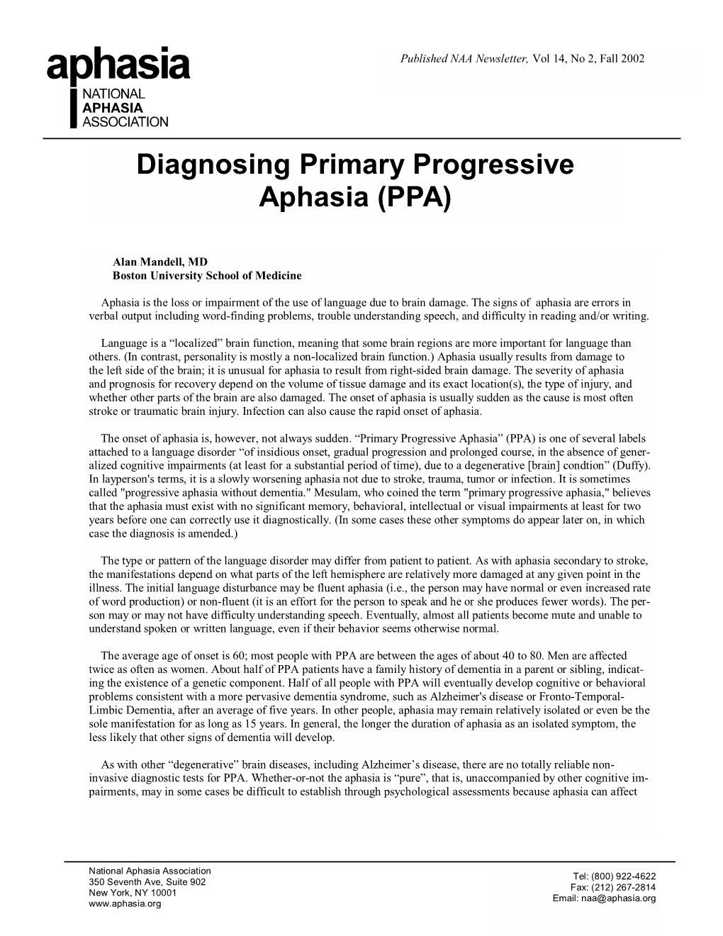 Diagnosing Primary Progressive Aphasia (PPA)