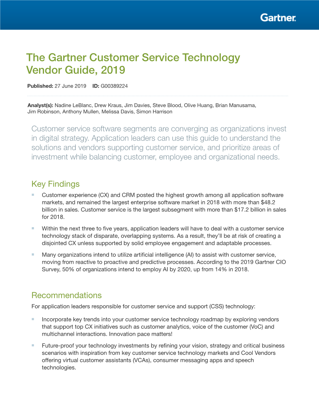 The Gartner Customer Service Technology Vendor Guide, 2019