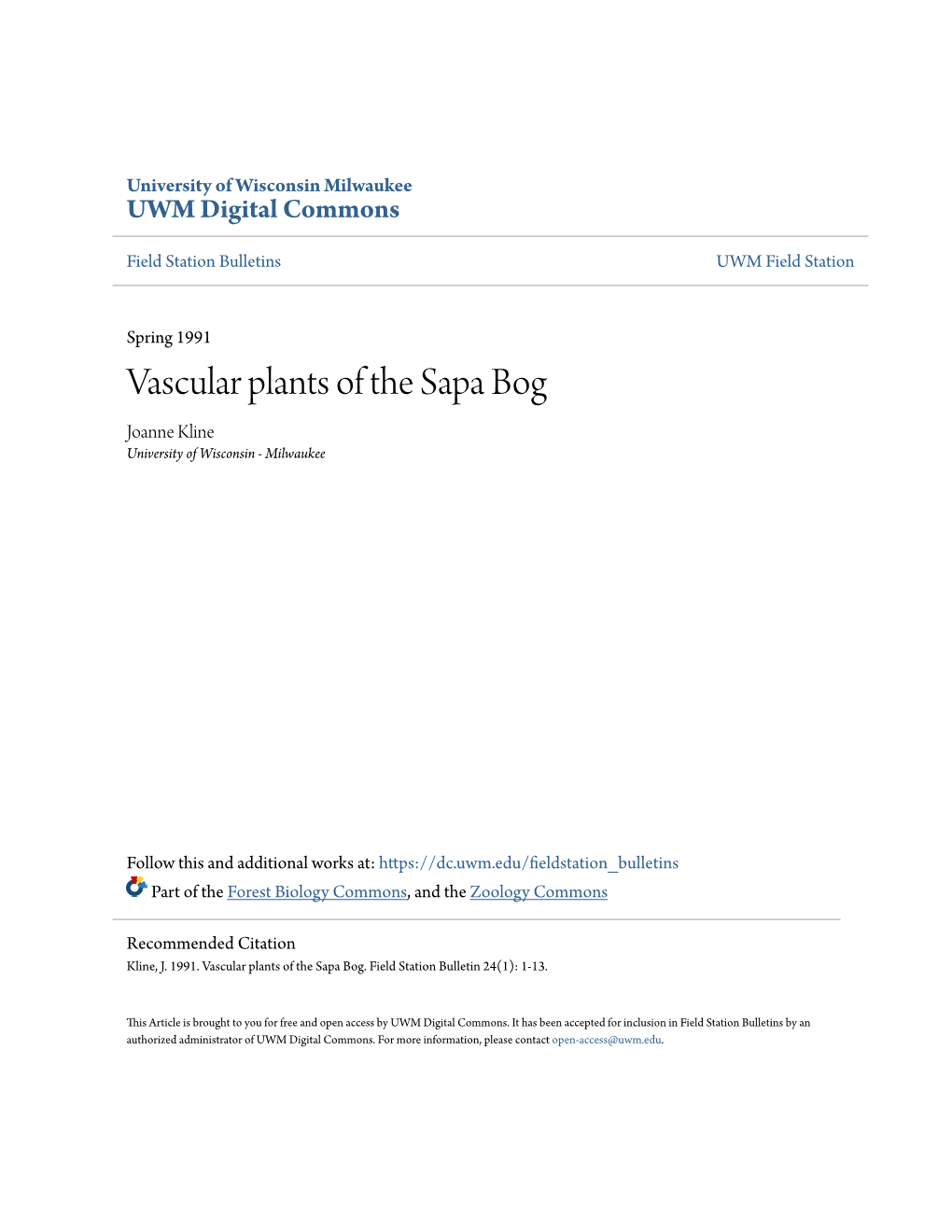 Vascular Plants of the Sapa Bog Joanne Kline University of Wisconsin - Milwaukee