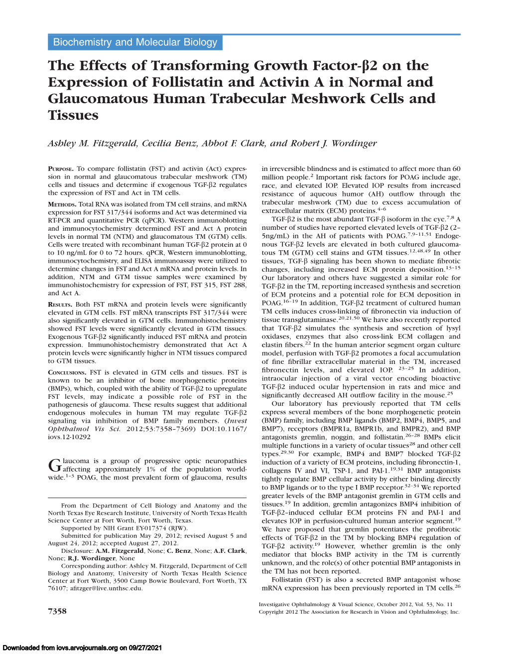 The Effects of Transforming Growth Factor-B2 on the Expression of Follistatin and Activin a in Normal and Glaucomatous Human Trabecular Meshwork Cells and Tissues