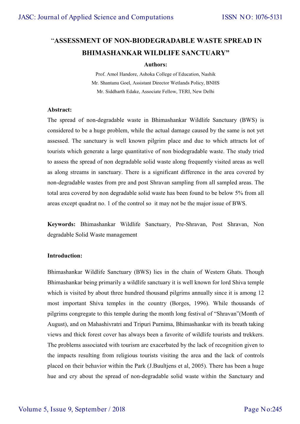 ASSESSMENT of NON-BIODEGRADABLE WASTE SPREAD in BHIMASHANKAR WILDLIFE SANCTUARY” Authors: Prof