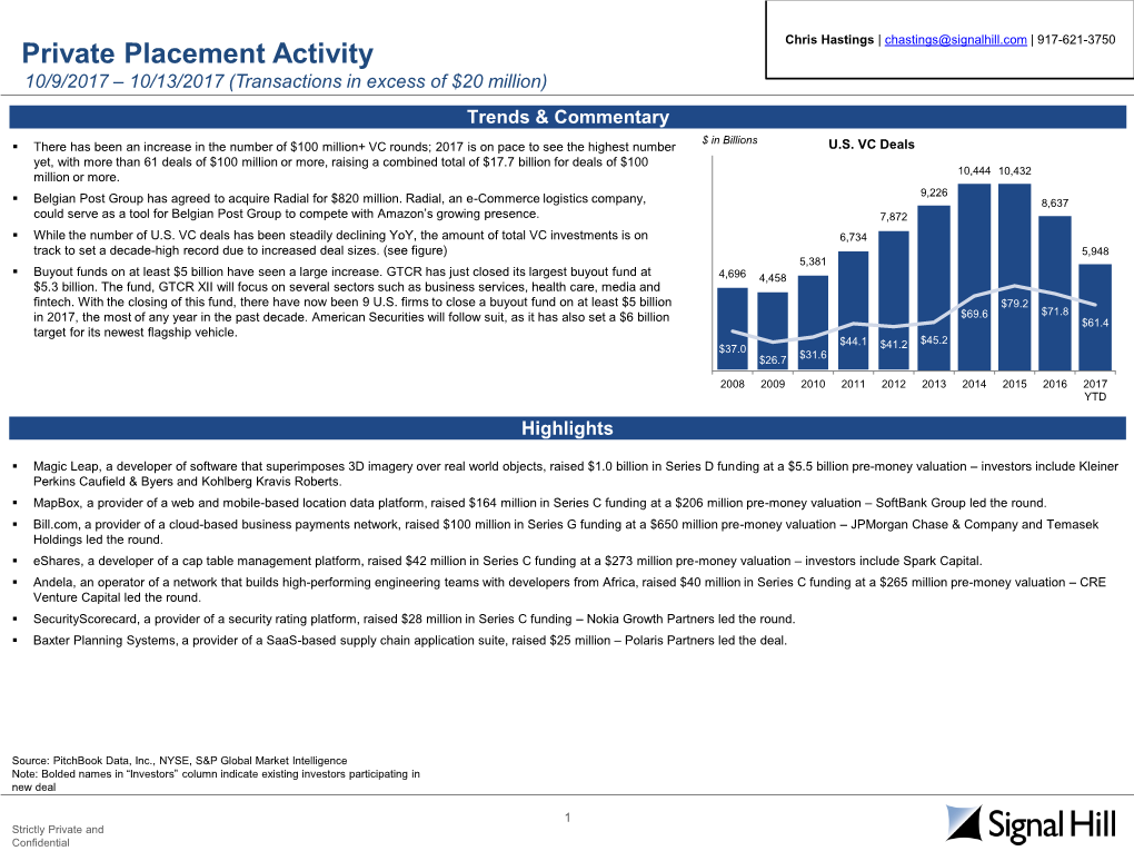 Private Placement Activity 10/9/2017 – 10/13/2017 (Transactions in Excess of $20 Million) Trends & Commentary $ in Billions