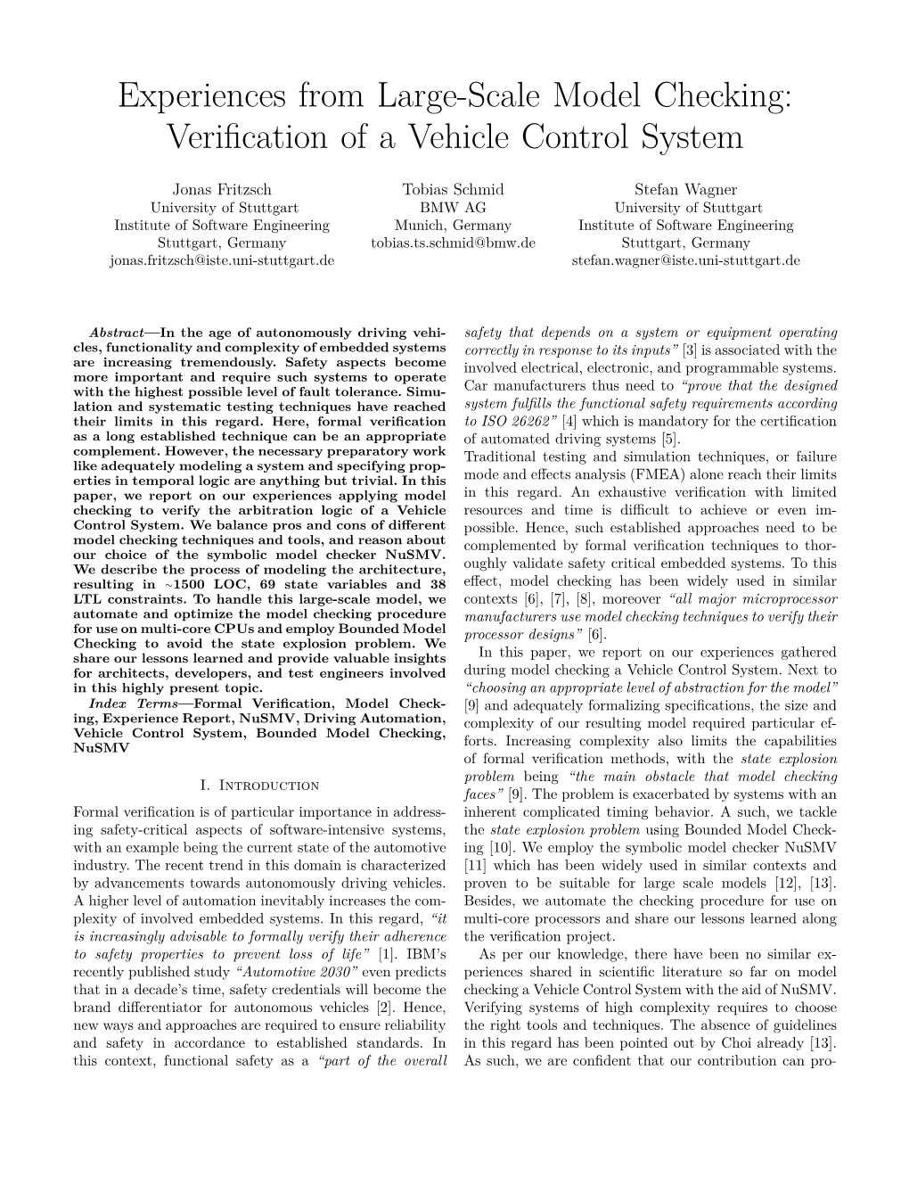 Experiences from Large-Scale Model Checking: Veriﬁcation of a Vehicle Control System