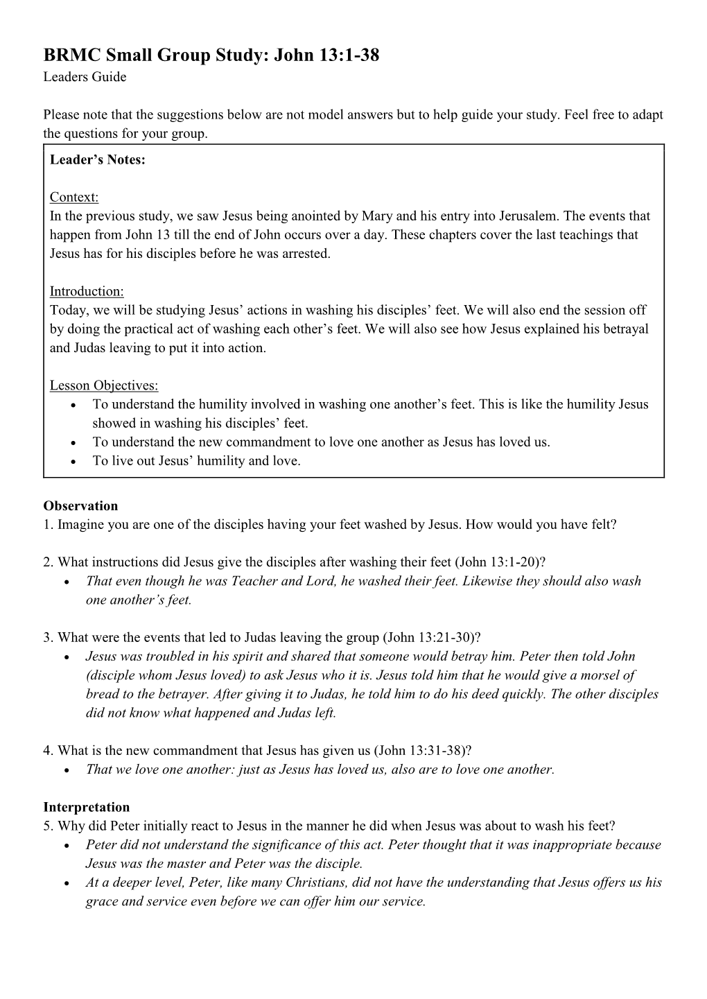 BRMC Small Group Study: John 13:1-38 Leaders Guide