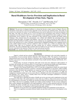 Rural Healthcare Service Provision and Implication in Rural Development of Imo State, Nigeria