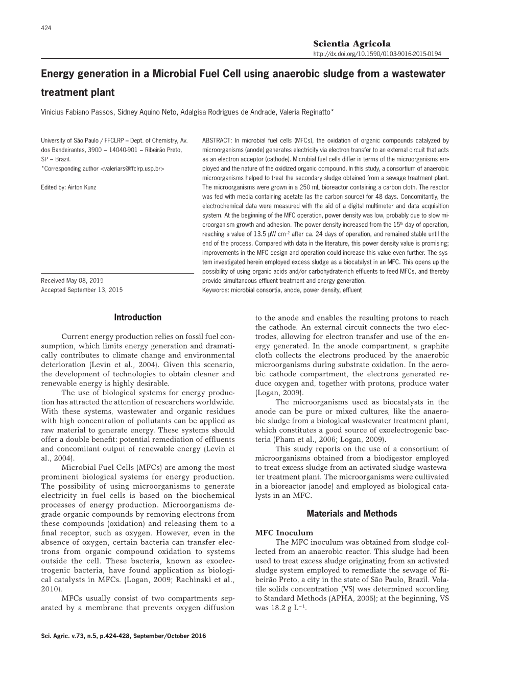 Energy Generation in a Microbial Fuel Cell Using Anaerobic Sludge from a Wastewater Treatment Plant