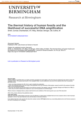 The Thermal History of Human Fossils and the Likelihood of Successful DNA Amplification Smith, Conrad; Chamberlain, AT; Riley, Michael; Stringer, CB; Collins, M