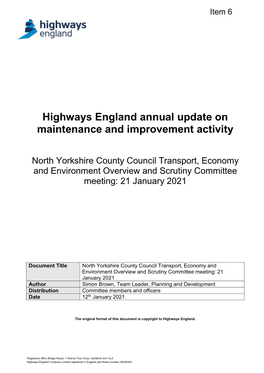 Highways England Annual Update on Maintenance and Improvement Activity