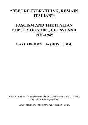 Fascism and the Italian Population of Queensland 1910-1945