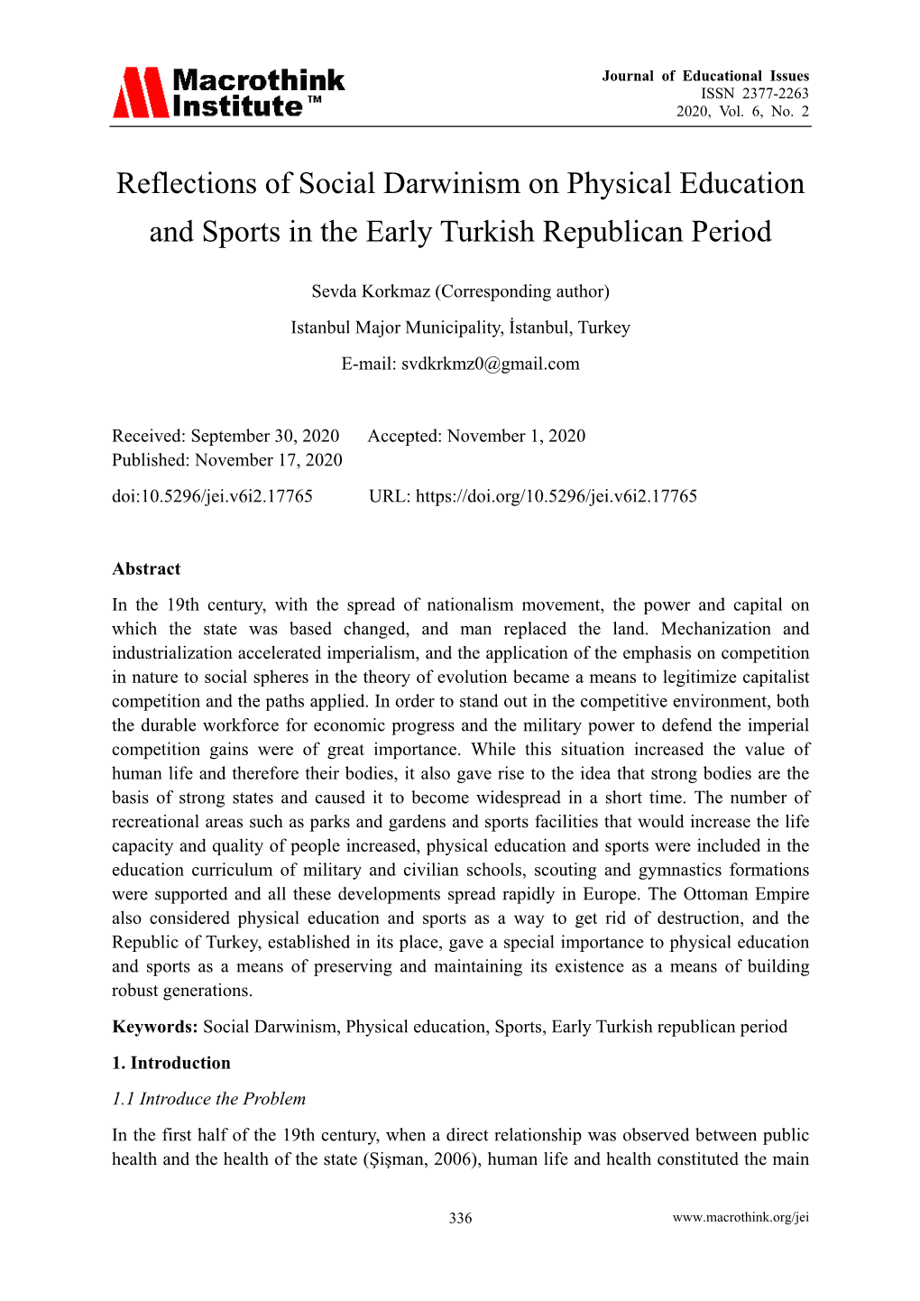 Reflections of Social Darwinism on Physical Education and Sports in the Early Turkish Republican Period