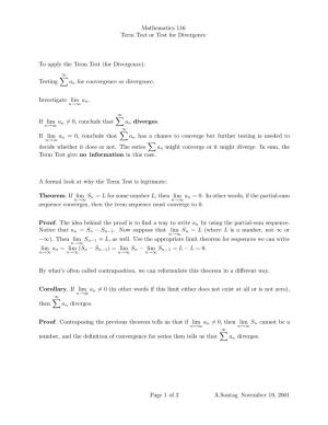 Mathematics 116 Term Test Or Test for Divergence to Apply the Term Test