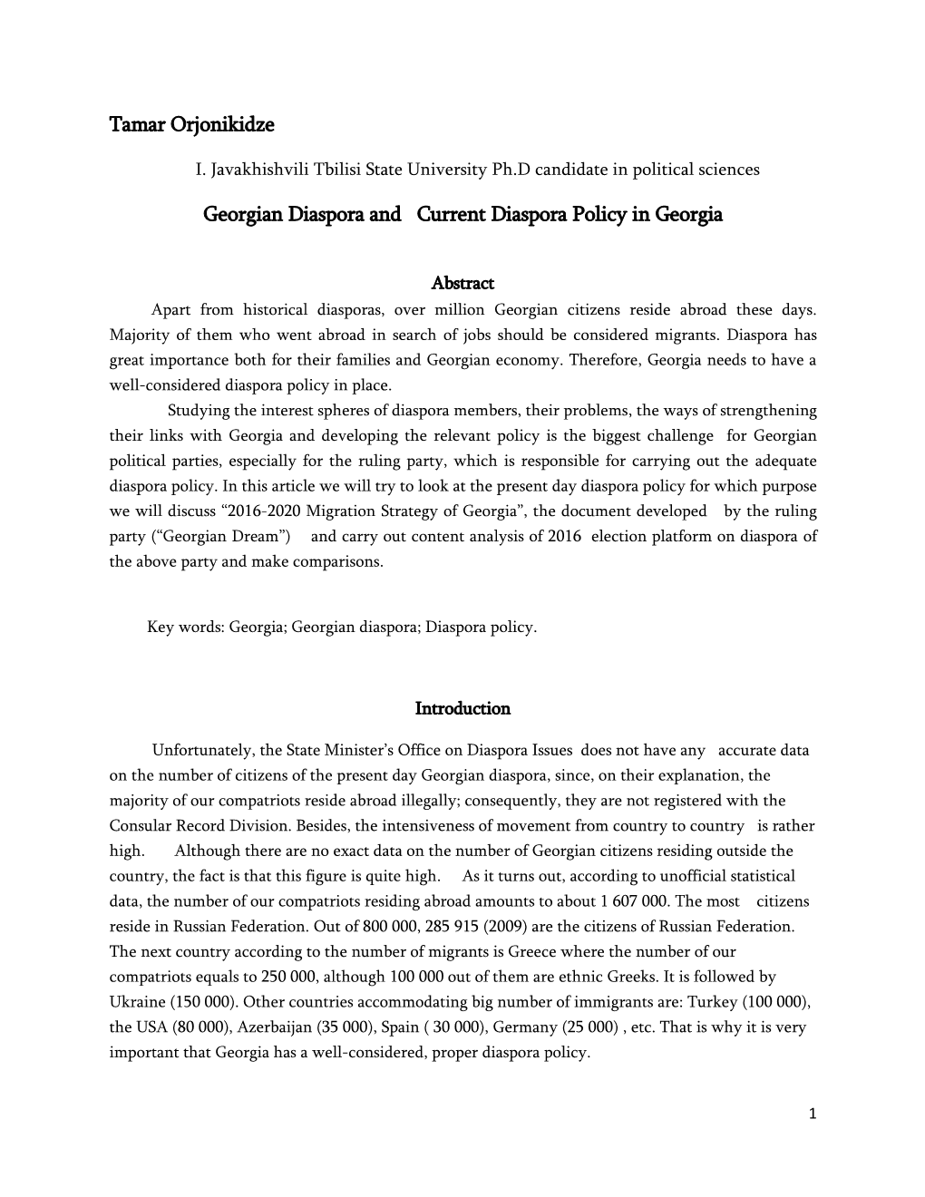 Tamar Orjonikidze Georgian Diaspora and Current Diaspora Policy In