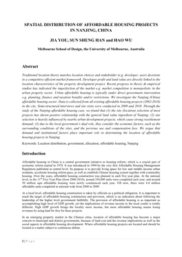 SPATIAL DISTRIBUTION of AFFORDABLE HOUSING PROJECTS in NANJING, CHINA JIA YOU, SUN SHENG HAN and HAO WU Abstract Introduction