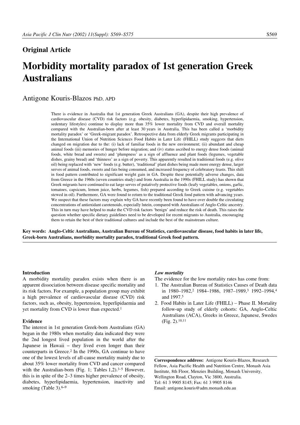 Morbidity Mortality Paradox of 1St Generation Greek Australians