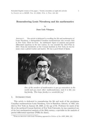 Remembering Louis Nirenberg and His Mathematics 1. Introduction