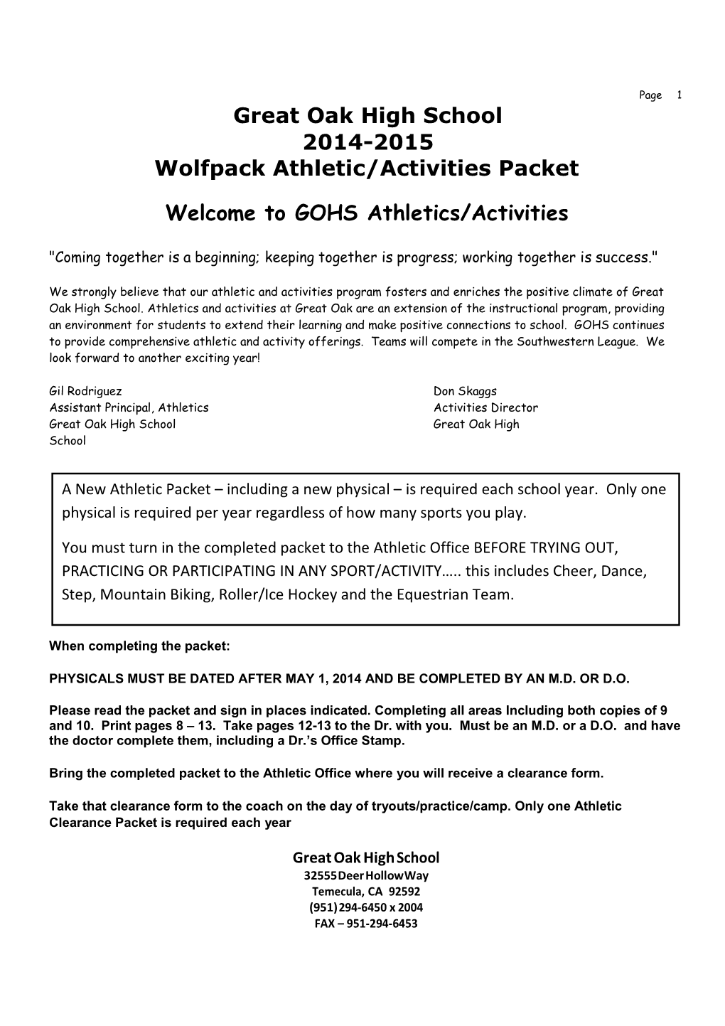 2014-2015 Athletic Packet