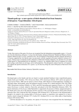 Thumb-Pads Up—A New Species of Thick-Thumbed Bat from Sumatra (Chiroptera: Vespertilionidae: Glischropus)