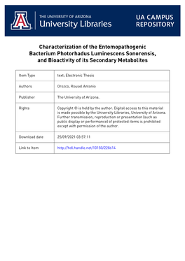 Characterization of the Entomopathogenic Bacterium Photorhadus Luminescens Sonorensis, and Bioactivity of Its Secondary Metabolites
