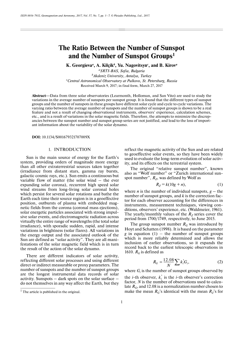 The Ratio Between the Number of Sunspot and the Number of Sunspot Groups1 ∑