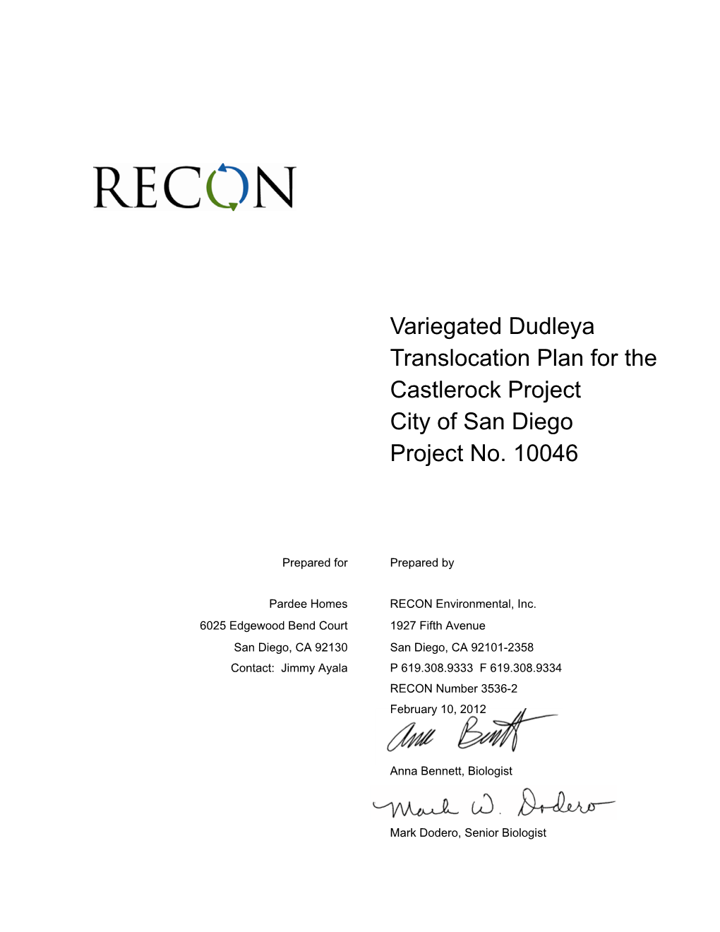 Dudleya Translocation Plan for the Castlerock Project City of San Diego Project No