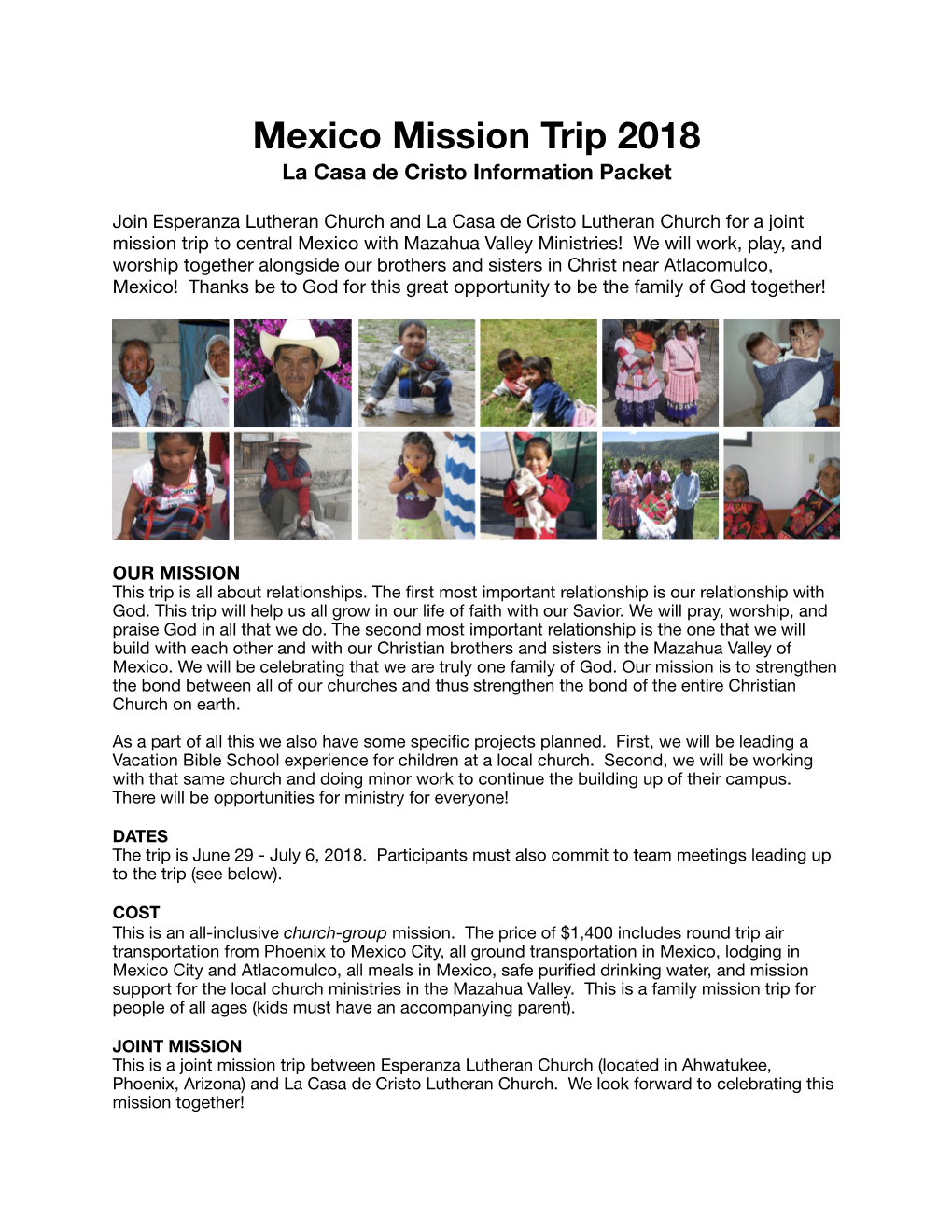 Mexico Mission Trip 2018 La Casa De Cristo Information Packet